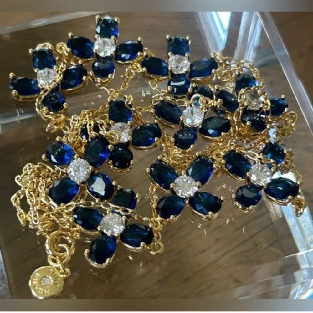 Tory Burch Authentic Long Swarovski Crystal Blue Flowers Necklace Gold & Blue